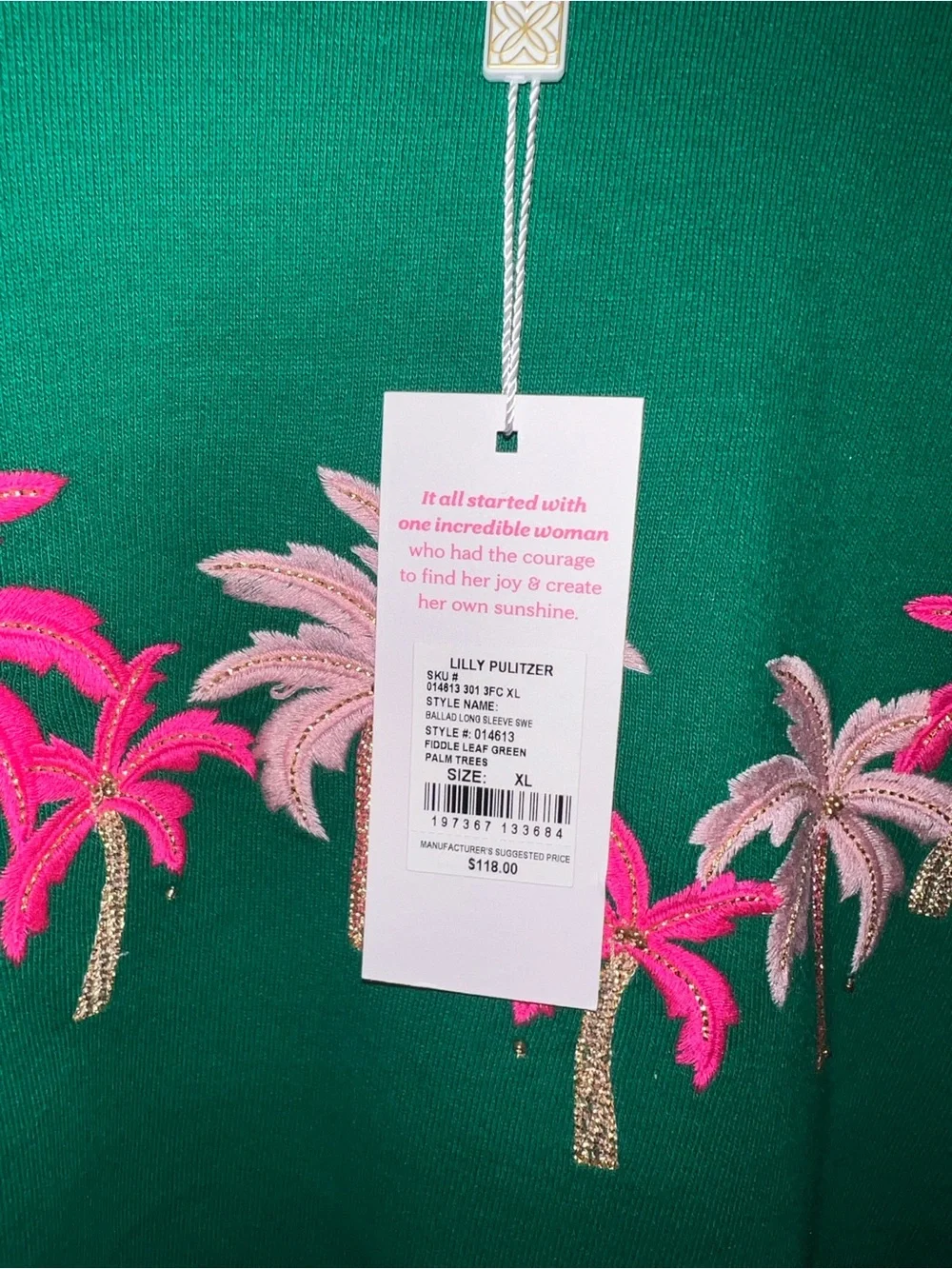 🌴NWT Lilly Pulitzer XLARGE Ballad LS Sweatshirt Fiddle Leaf Green Palm Trees - Picture 4 of 5